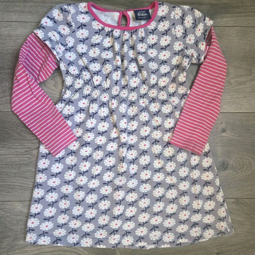 Mini Boden Girls 4-5Y Daisy Floral Striped Sleeve Cotton Jersey Cotton Dress